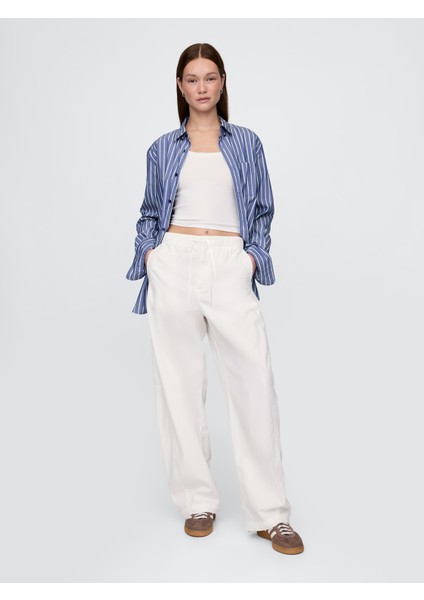 Kadın Beyaz Mid Rise Barrel Paraşüt Pantolon