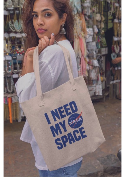I Need My Nasa Space Baskılı %100 Pamuklu Ham Bez Bej Çanta