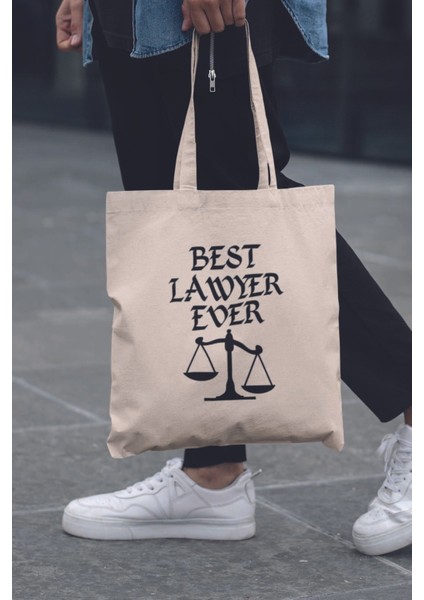 Best Lawyer Ever Avukat Hukukçu Hediyelik Baskılı %100 Pamuklu Ham Bez Bej Çanta