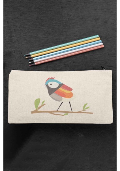 Renkli Cıvıl Cıvıl Kuş Baskılı Bez Makyaj Çantası Kalemlik Cüzdan