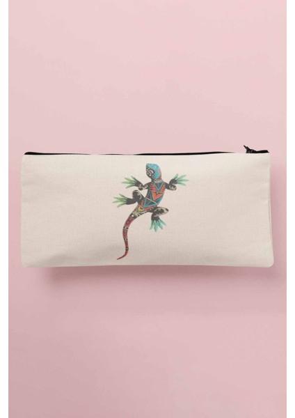 Renkli Kertenkele Baskılı Bez Makyaj Çantası Kalemlik Cüzdan