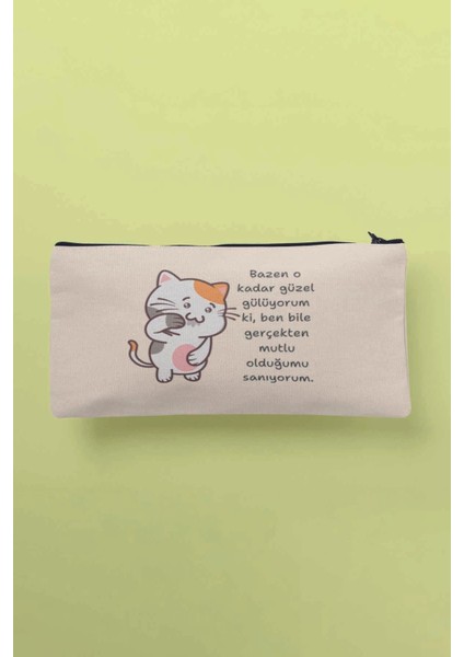 Ben Bile Mutlu Olduğumu Sanıyorum Baskılı Bez Makyaj Çantası Kalemlik Cüzdan