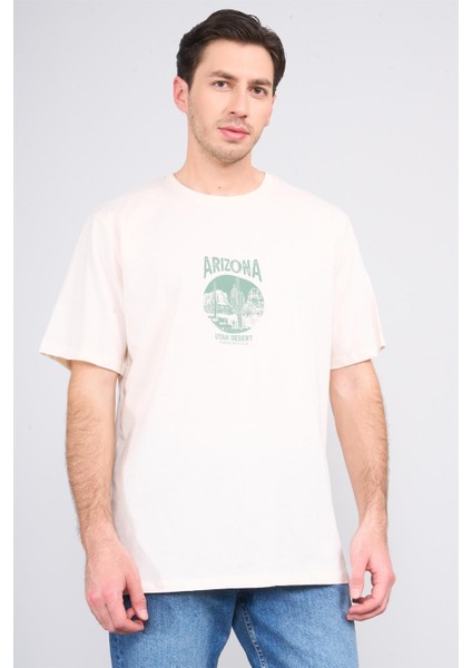 Çetinkaya Chester Polo 3850 Bisiklet Yaka 30/1 Penye Regular Baskılı T-Shirt Koyu Krem
