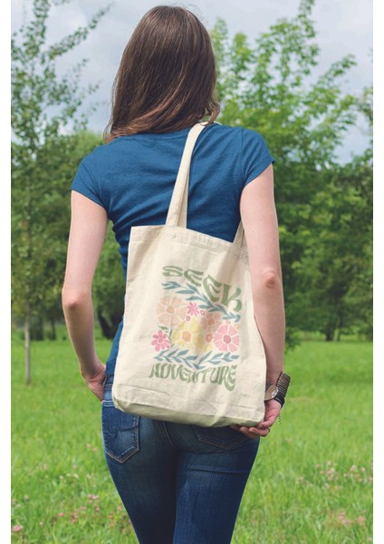 Seek Adventure Boho Bohem Temalı Baskılı %100 Pamuklu Ham Bez Bej Çanta