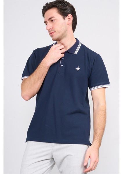 3945 Erkek Polo Yaka Penye Pike T-Shirt Lacivert