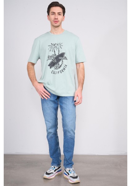 Çetinkaya Chester Polo 3844 Bisiklet Yaka 30/1 Penye Comfort Baskılı T-Shirt Koyu Çağla