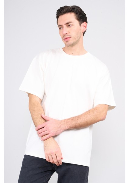 Çetinkaya Mentality 3893 Bisiklet Yaka 30/2 Süprem Loose Fit T-Shirt Krem