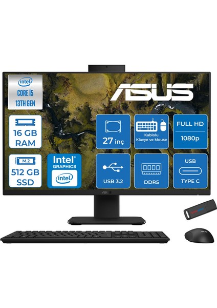 V470VAK Intel Core İ5-13420H 16GB Ddr5 512GB SSD 27'' Fhd 100Hz 300NITS Freedos Siyah Allınone Bilgisayar ASI58512B0DF02+ZETTAUSBBELLEK