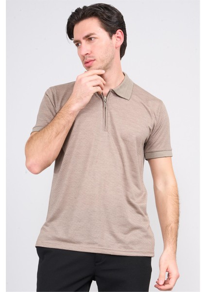 3803 Erkek Fermuarlı Polo Yaka T-Shirt Vizon