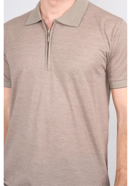 3803 Erkek Fermuarlı Polo Yaka T-Shirt Vizon modelleri