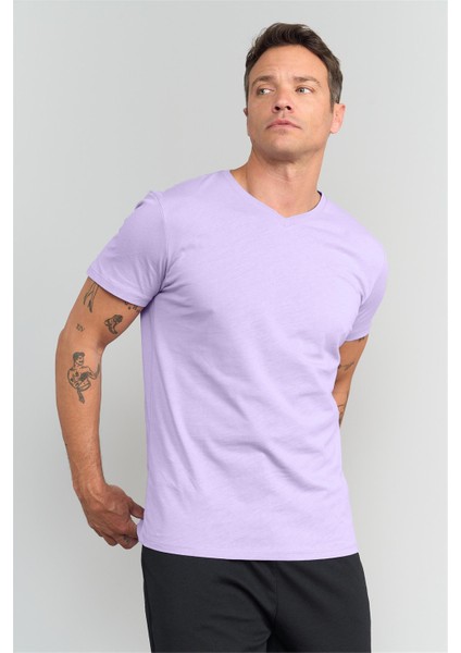 Çetinkaya Mentality 2772V -S V Yaka Basic T-Shirt Kirli Lila