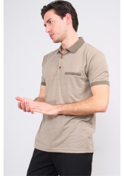 3774 Erkek Polo Yaka Baklava Desen T-Shirt Vizon-Bej