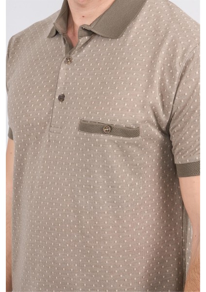 3774 Erkek Polo Yaka Baklava Desen T-Shirt Vizon-Bej modelleri