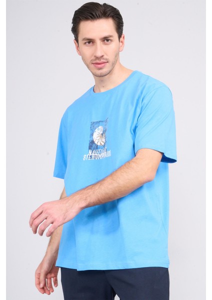 Çetinkaya Chester Polo 3866 Bisiklet Yaka 30/1 Penye Regular Baskılı T-Shirt Mavi