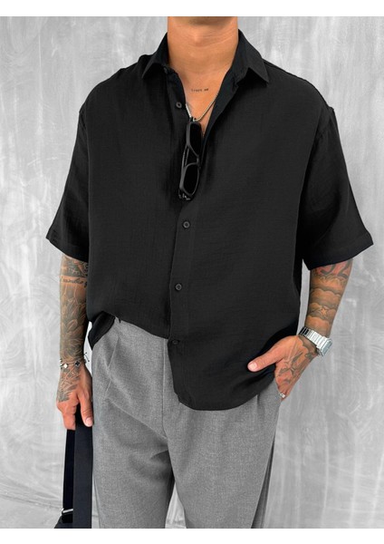 Erkek Oversize Kısa Kollu Müslin Gömlek Siyah