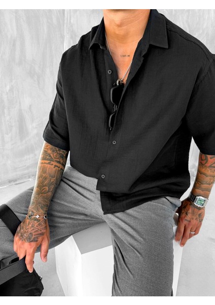 Erkek Oversize Kısa Kollu Müslin Gömlek Siyah fiyatları