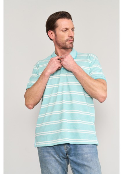 3941 Erkek Polo Yaka Ringelli 1-1 Pike T-Shirt Mint-Beyaz