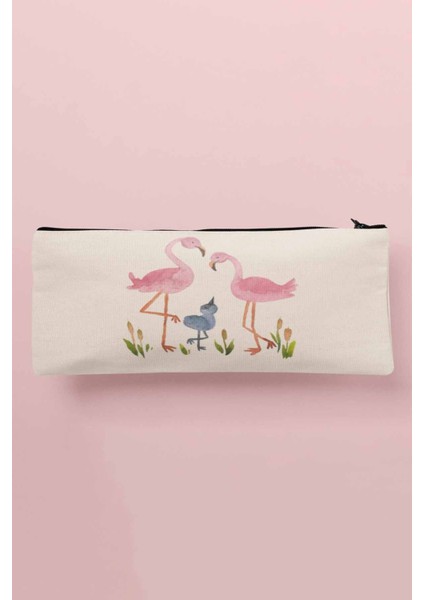 Flamingo Bahçesibaskılı Bez Makyaj Çantası Kalemlik Cüzdan