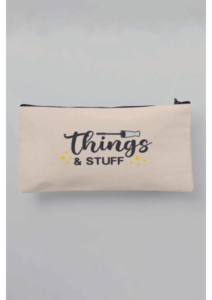 Things And Stuff Baskılı Bej Bez Makyaj Çantası Kalemlik Cüzdan