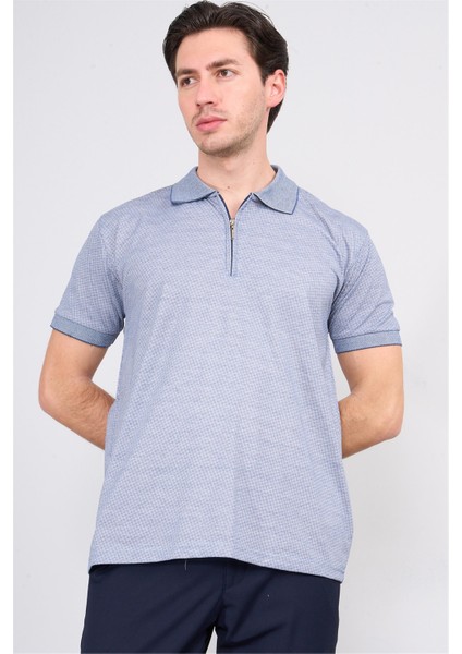 3803 Erkek Fermuarlı Polo Yaka T-Shirt Mavi