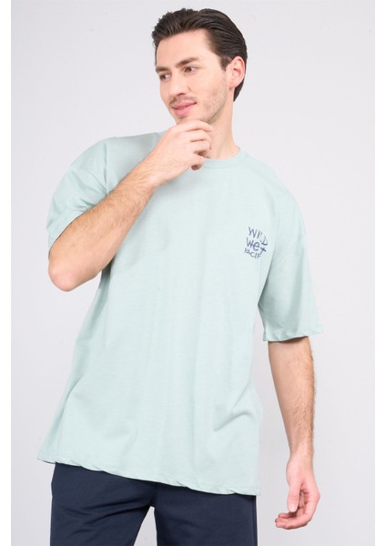 Çetinkaya Chester Polo 3842 Bisiklet Yaka 30/1 Penye Oversize Baskılı T-Shirt Koyu Çağla