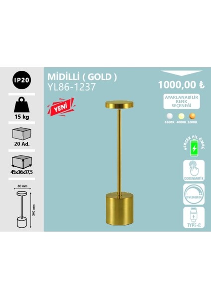 Şarjlı Orta Boy Masa Lambası, Zarif Tasarım ve Parlak Altın Renk Seçeneğiyle fırsatları