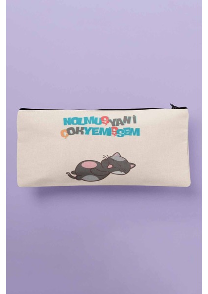Nolmuş Yani Çok Yemişsem Sevimli Kedi Komik Eğlenceli Baskılı Bez Makyaj Çantası Kalemlik Cüzdan
