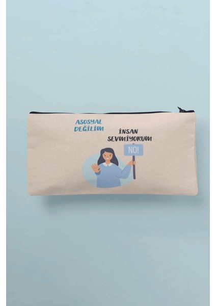 Asosyal Değilim Insan Sevmiyorum No:2 Baskılı Bez Makyaj Çantası Kalemlik Cüzdan