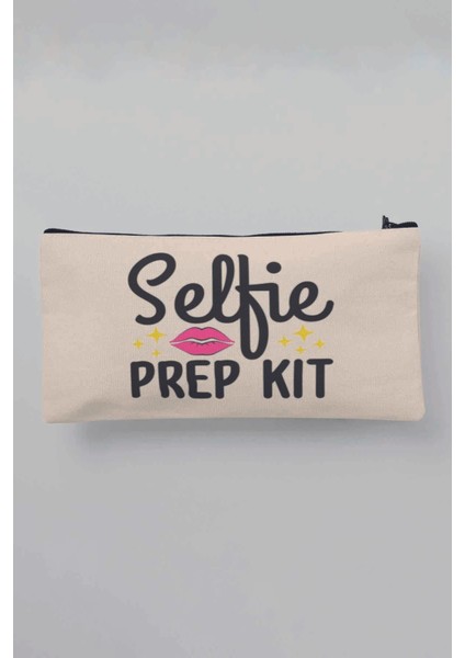 Selfie Prep Kit Baskılı Bej Bez Makyaj Çantası Kalemlik Cüzdan