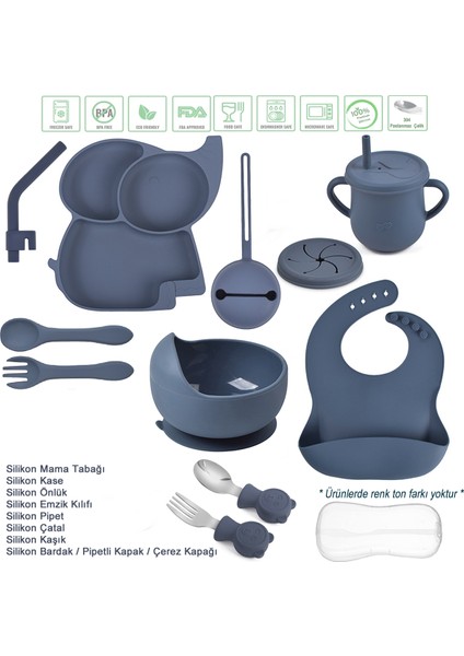 Silikon Beslenme Seti Vakumlu, Silikon Mama Tabağı, Kase, Önlük, Çatal-Kaşık, Bardak, Pipet, E.Kılıfı, Paslanmaz Çelik Çatal, Kaşık ve Saklama Kutusu / Lacivert