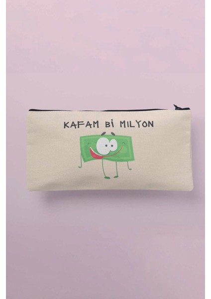 Kafam Bi Milyon Komik Baskılı Bez Makyaj Çantası Kalemlik Cüzdan