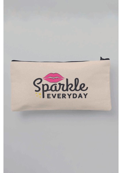 Sparkle Everyday Baskılı Bej Bez Makyaj Çantası Kalemlik Cüzdan