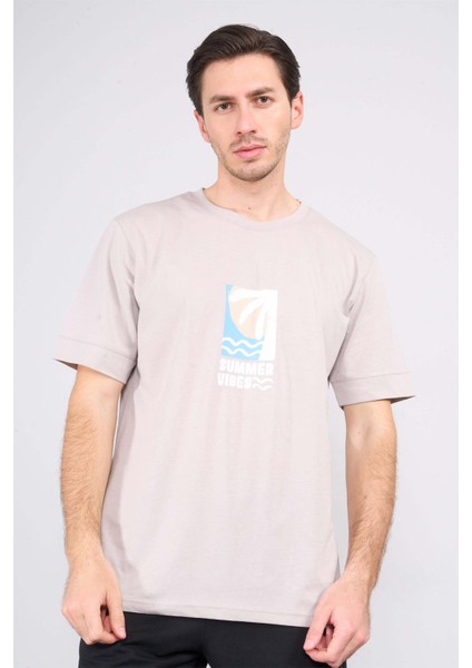 Çetinkaya Mentality 3967 Bisiklet Yaka Penye Regular Baskılı Tshirt Vizon
