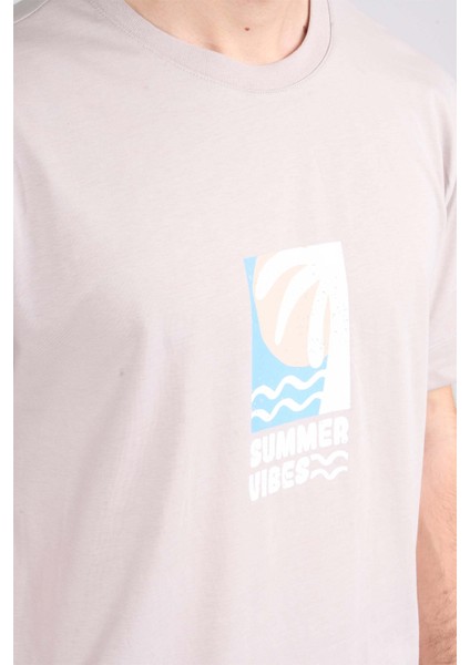 Çetinkaya Mentality 3967 Bisiklet Yaka Penye Regular Baskılı Tshirt Vizon modelleri