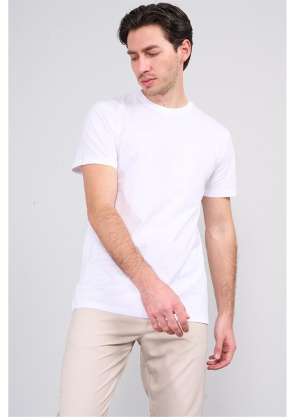 4040 Erkek Bisiklet Yaka Baskılı Regular T-Shirt Beyaz