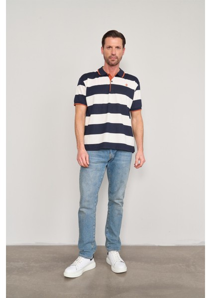 4111 Erkek Polo Yaka 30/1 Ringelli Pike T-Shirt Lacivert-Beyaz