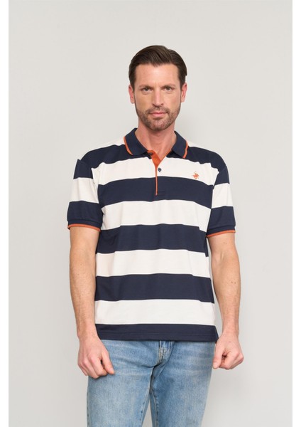 4111 Erkek Polo Yaka 30/1 Ringelli Pike T-Shirt Lacivert-Beyaz fiyatları