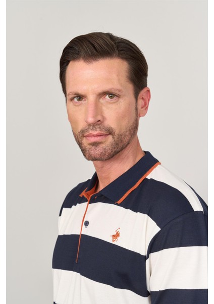 4111 Erkek Polo Yaka 30/1 Ringelli Pike T-Shirt Lacivert-Beyaz modelleri