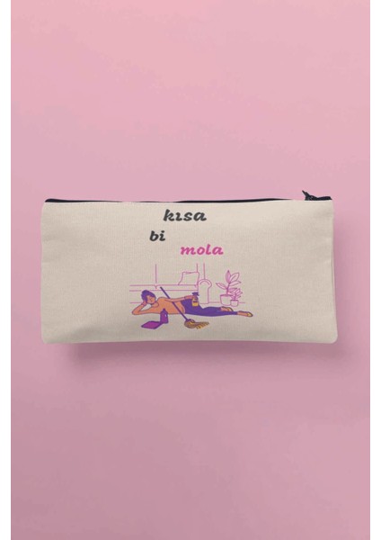 Kısa Bi Mola Baskılı Bez Makyaj Çantası Kalemlik Cüzdan