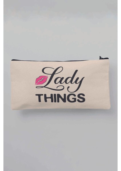 Lady Things Baskılı Bej Bez Makyaj Çantası Kalemlik Cüzdan