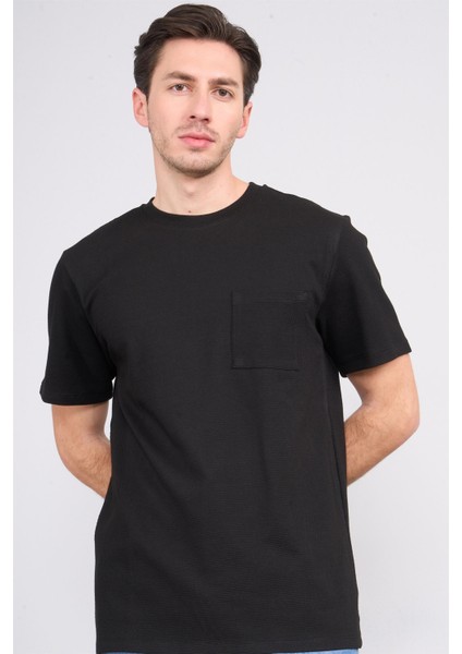 Çetinkaya Mentality 3414 Bisiklet Yaka Petek Örme Regular Cepli T-Shirt Siyah