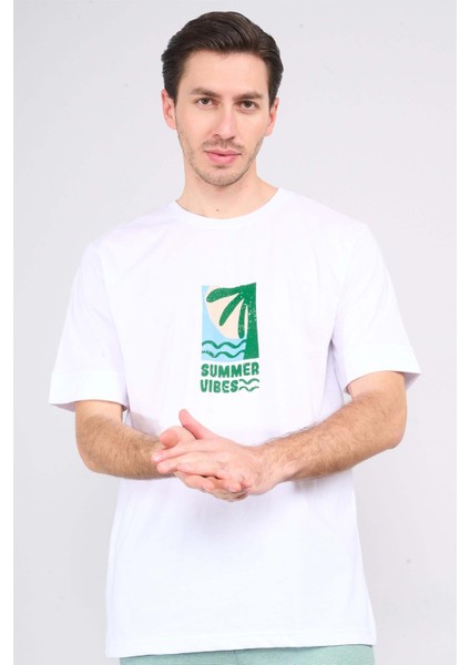 Çetinkaya Mentality 3967 Bisiklet Yaka Penye Regular Baskılı Tshirt Beyaz