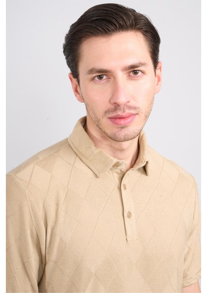Çetinkaya Mentality 4230 Erkek Polo Yaka Jakarlı Interlok Regular T-Shirt Bej modelleri