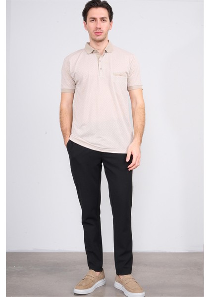 3774 Erkek Polo Yaka Baklava Desen T-Shirt Koyu Bej-Açık Bej fiyatları