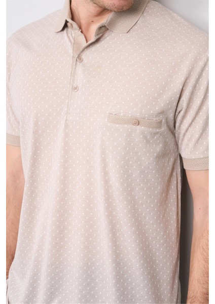 3774 Erkek Polo Yaka Baklava Desen T-Shirt Koyu Bej-Açık Bej modelleri