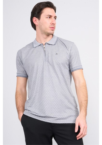 Çetinkaya Mentality 3366 Erkek Fermuarlı Polo Yaka Jakarlı T-Shirt Gri- Beyaz