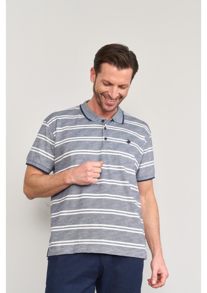 3941 Erkek Polo Yaka Ringelli 1-1 Pike T-Shirt Indigo-Beyaz