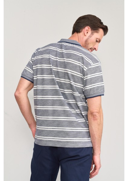 3941 Erkek Polo Yaka Ringelli 1-1 Pike T-Shirt Indigo-Beyaz fırsatları