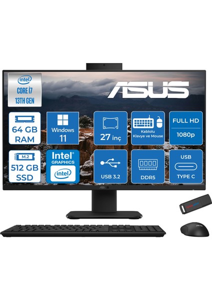 V470VAK Intel Core I7-13620H 64GB Ddr5 512GB SSD 27'' Fhd 100Hz 300NITS Windows 11 Pro Siyah Allınone Bilgisayar ASI716512B0DP27+ZETTAUSBBELLEK