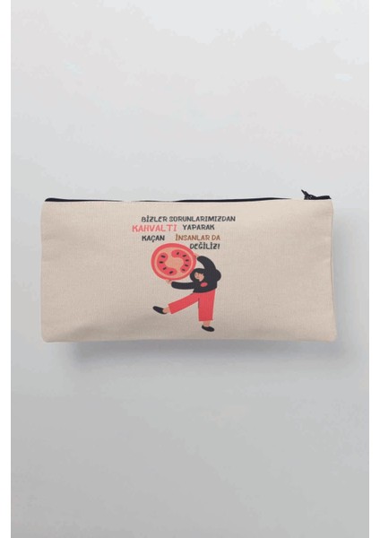 Sorunlarımızdan Kahvaltı Yparak Kaç Insanlar Değiliz Baskılı Bez Makyaj Çantası Kalemlik Cüzdan